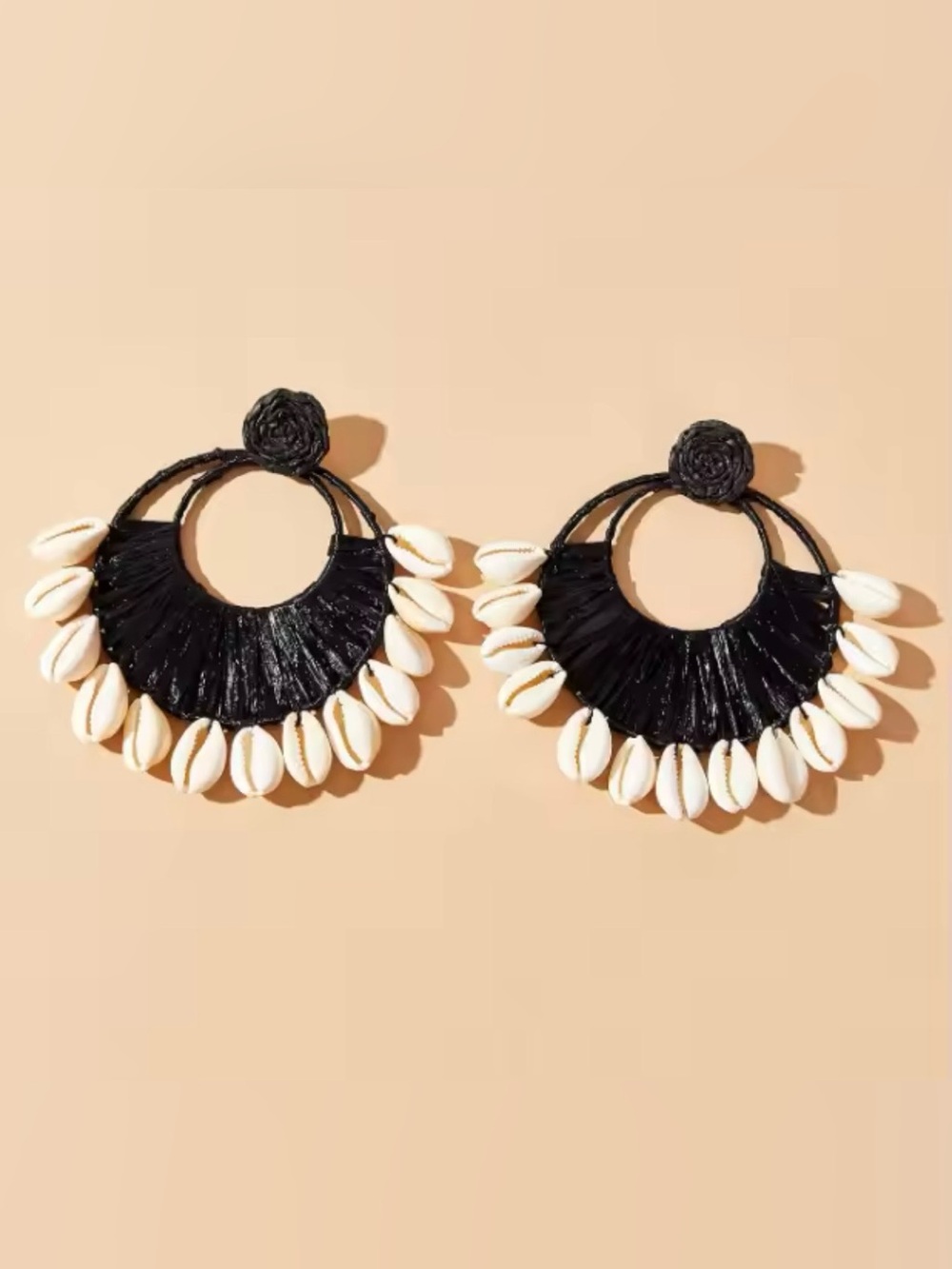 Black Shell Fringe Hoop Earrings - Boho Statement